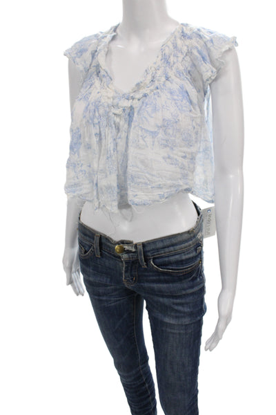 Free People Women Cropped Boho Animal Print V-Neck Cotton Blouse Size XS