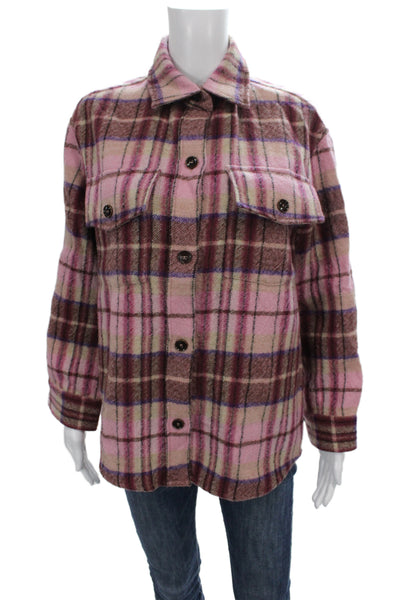Gerard Darel Women Pink Plaid 100% Wool Basic Jacket Button Size 1