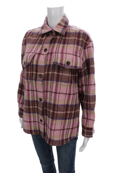 Gerard Darel Women Pink Plaid 100% Wool Basic Jacket Button Size 1