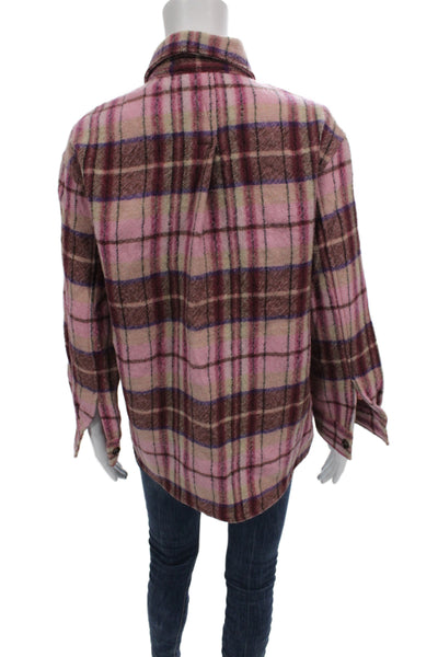 Gerard Darel Women Pink Plaid 100% Wool Basic Jacket Button Size 1