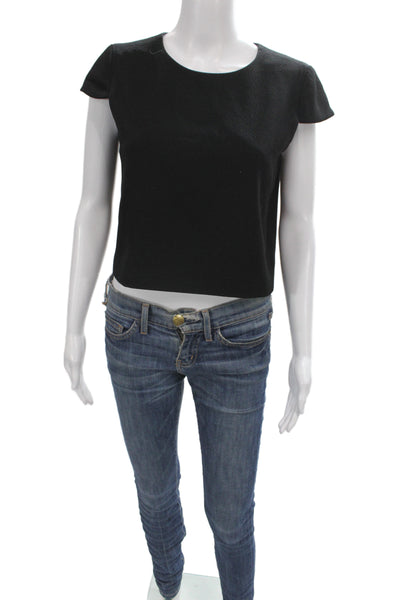 Club Monaco Women Black Cropped Blouse Short Sleeve Round Neck Solid Size M