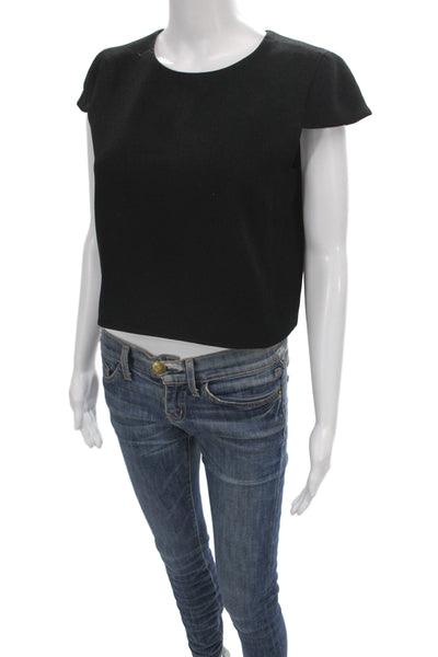 Club Monaco Women Black Cropped Blouse Short Sleeve Round Neck Solid Size M