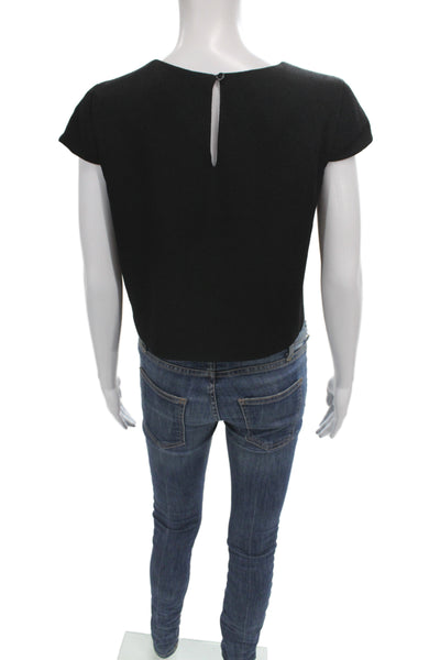 Club Monaco Women Black Cropped Blouse Short Sleeve Round Neck Solid Size M