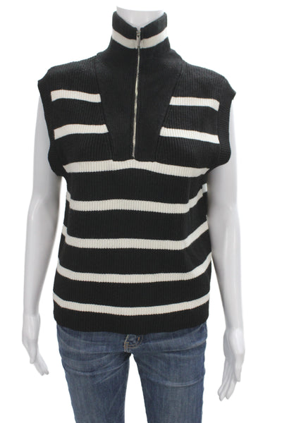 MNG Women Pullover Sweater Sleeveless Striped High Neck Black Size M