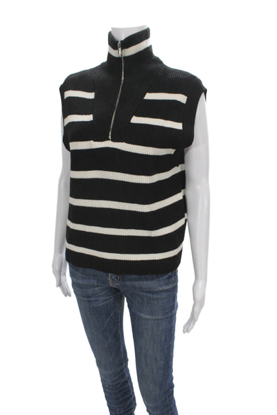 MNG Women Pullover Sweater Sleeveless Striped High Neck Black Size M