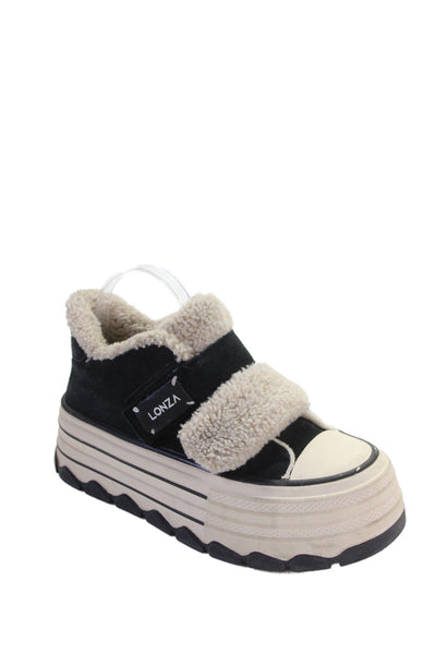 Lonza Womens Double Strap Suede Platform Sneakers Black White Size 37