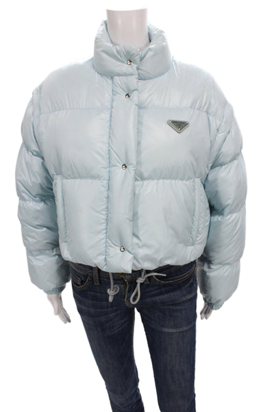 Prada Womens Blue Recycled Polyamide Puffer Jacket Snap Closure Size 38