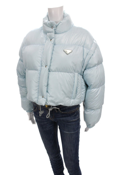 Prada Womens Blue Recycled Polyamide Puffer Jacket Snap Closure Size 38