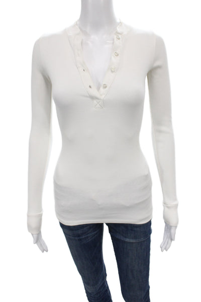 NSF Womens Henley Long Sleeve Basic T-Shirt White Petite Size XS