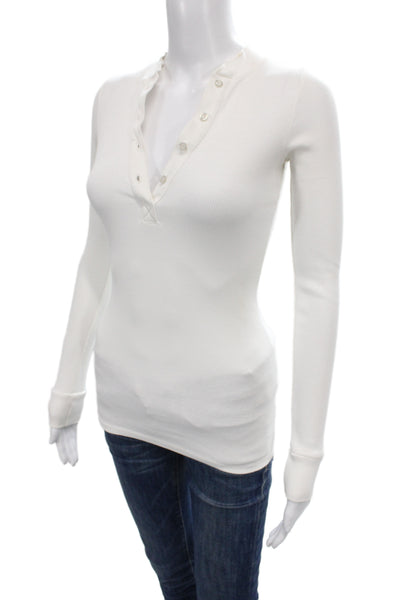 NSF Womens Henley Long Sleeve Basic T-Shirt White Petite Size XS