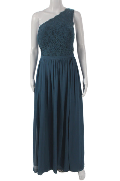 Azazie Women Gown Chiffon One Shoulder Mid-Calf Blue Size 14