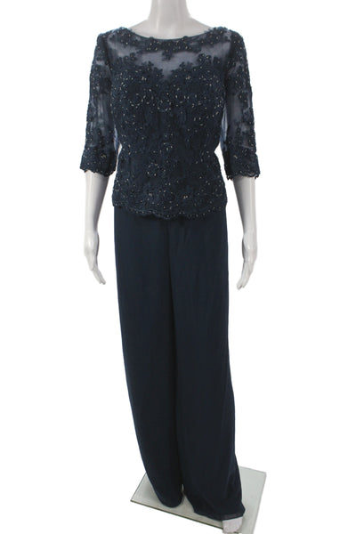 Azazie Womens Pantsuit Blue Polyester Wedding 3/4 Sleeve Size 16