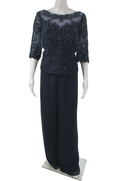 Azazie Womens Blue Pantsuit Wedding 3/4 Sleeve Polyester Size 14