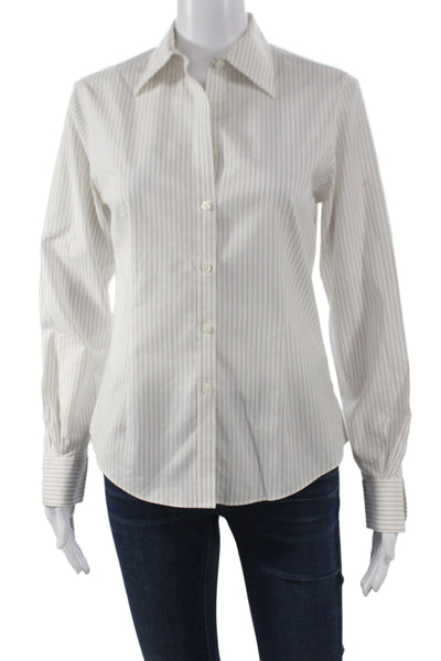Brooks Brothers Women White Striped Button-Up Long Sleeve Cotton Size 2