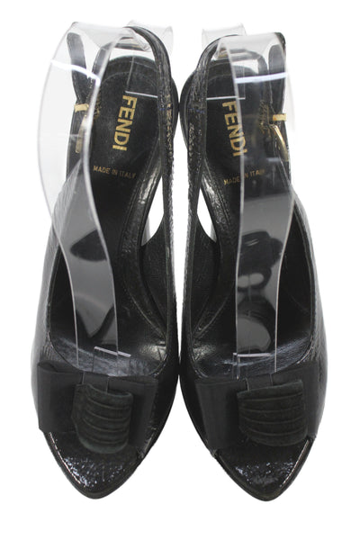 Fendi Womens Stiletto Patent Leather Platform Bow Slingback Sandals Black 36