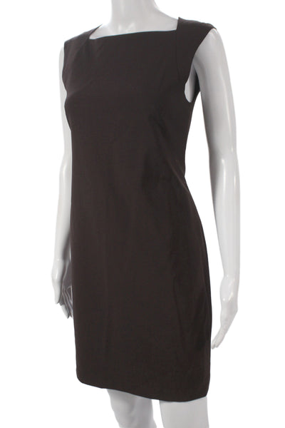 Theory Women Sheath Dress Brown Wool Square Neck Sleeveless Zip Size 4