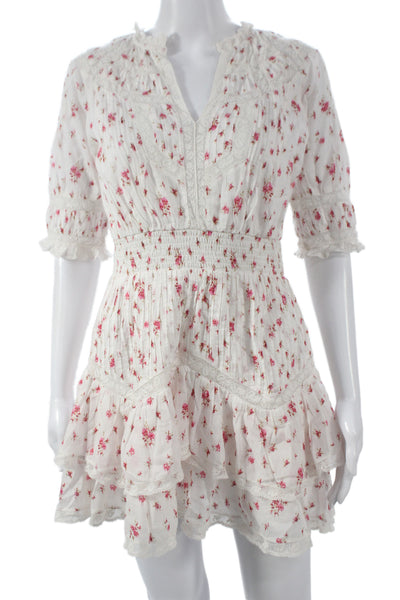 Love Shack Fancy Womens Fit & Flare White Floral V-Neck Short Dress Size XS
