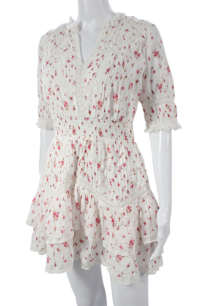 Love Shack Fancy Womens Fit & Flare White Floral V-Neck Short Dress Size XS