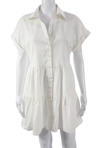 Aqua Women Shirt Dress White Short Sleeve Collared Button Casual Size XS