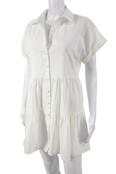 Aqua Women Shirt Dress White Short Sleeve Collared Button Casual Size XS