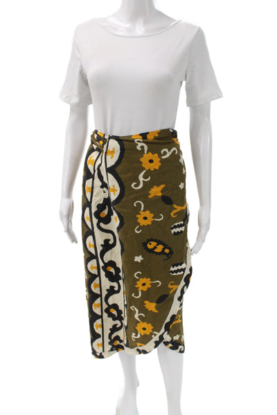Zara Womens Wrap Floral Linen Knee-Length Skirt Green Tie Waist Size M
