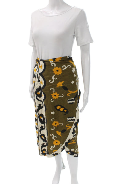 Zara Womens Wrap Floral Linen Knee-Length Skirt Green Tie Waist Size M