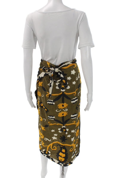 Zara Womens Wrap Floral Linen Knee-Length Skirt Green Tie Waist Size M