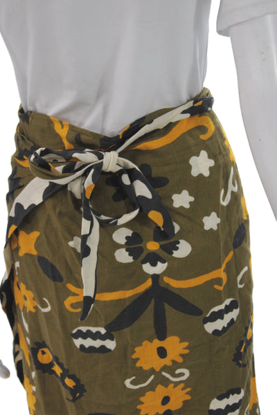Zara Womens Wrap Floral Linen Knee-Length Skirt Green Tie Waist Size M