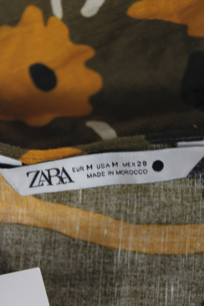Zara Womens Wrap Floral Linen Knee-Length Skirt Green Tie Waist Size M
