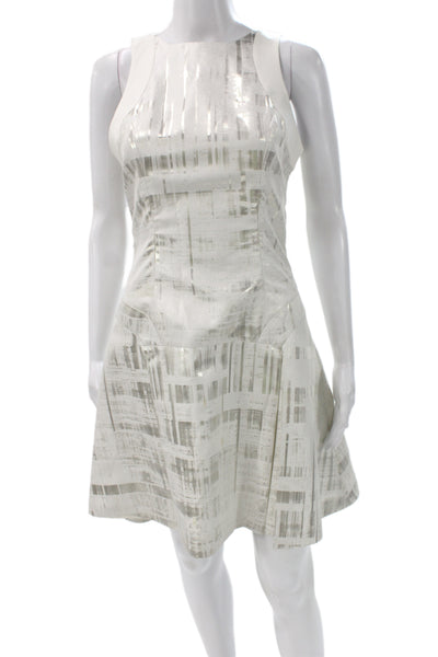 ICB Women Fit & Flare Silver Geometric Knee-Length Sleeveless Dress Size 4