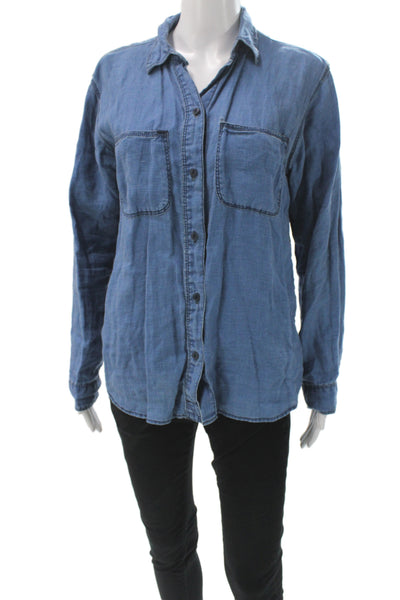 Madewell Women Basic Button-Up Linen Collared Long Sleeve Blue Size S