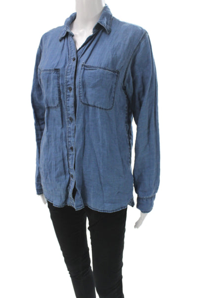 Madewell Women Basic Button-Up Linen Collared Long Sleeve Blue Size S