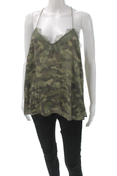 Cami Women Silk V-Neck Camouflage Tank Sleeveless Green Size M