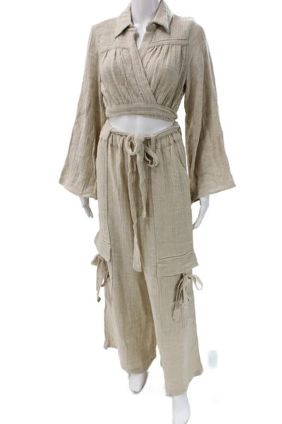 Christelle Nima Womens Bohemian Collared Long Sleeve Outfit Set Beige Size S