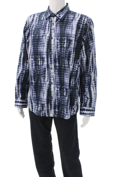 Michael Kors Mens Button-Down Collared Geometric Tie Dye Blue Shirt Size XL
