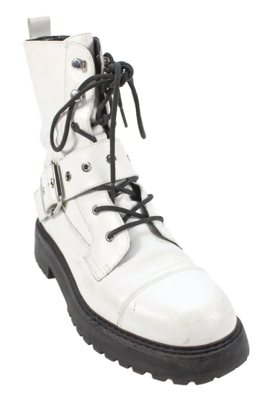 Zara Womens Leather Belted Lace Up Combat Ankle Boots White Size 39 9