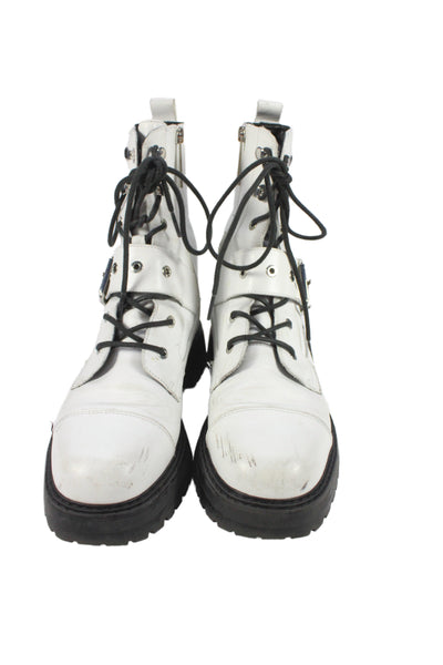 Zara Womens Leather Belted Lace Up Combat Ankle Boots White Size 39 9