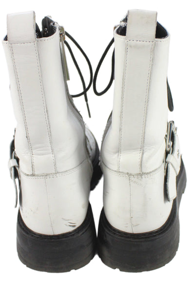Zara Womens Leather Belted Lace Up Combat Ankle Boots White Size 39 9