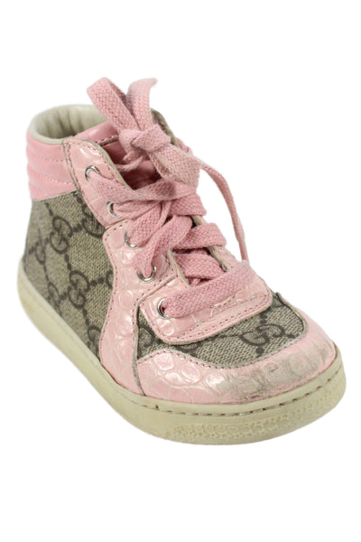 Gucci Toddler Leather Lace-Up High Top Monogram Sneakers Pink/Gray Size 23