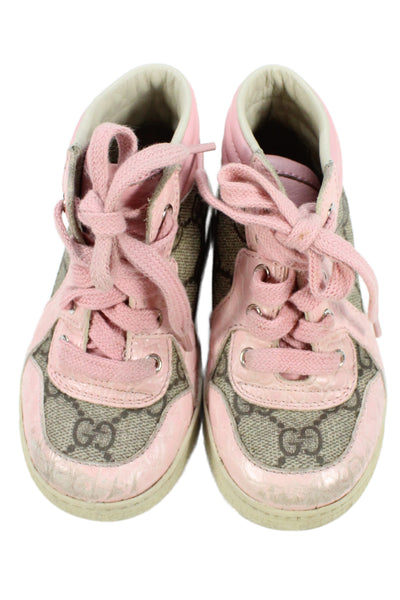 Gucci Toddler Leather Lace-Up High Top Monogram Sneakers Pink/Gray Size 23