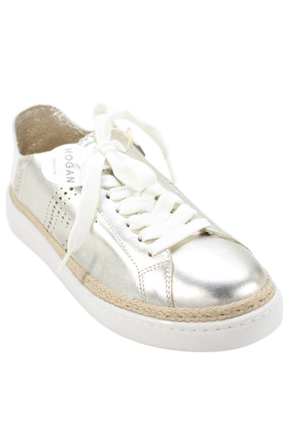 Hogan Womens Lace Up Metallic Leather Perforated H Logo Sneakers Silver Size 37