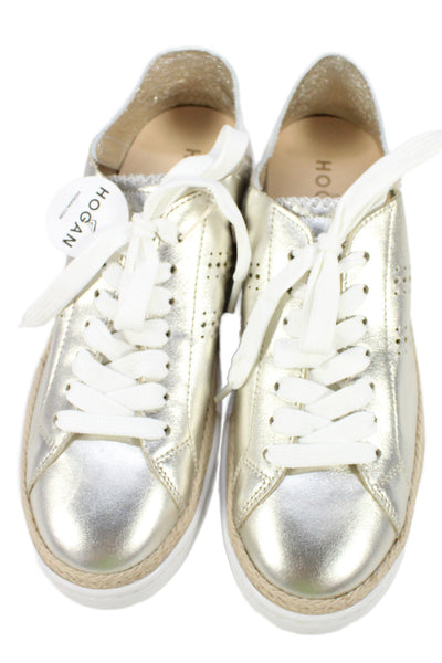 Hogan Womens Lace Up Metallic Leather Perforated H Logo Sneakers Silver Size 37