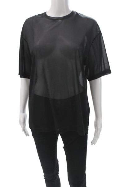 Tibi Women Basic Black Mesh Crew Neck Short Sleeve T-Shirt Size 2XS