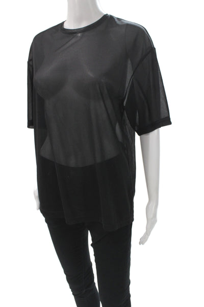 Tibi Women Basic Black Mesh Crew Neck Short Sleeve T-Shirt Size 2XS