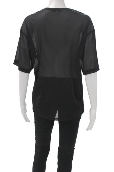 Tibi Women Basic Black Mesh Crew Neck Short Sleeve T-Shirt Size 2XS