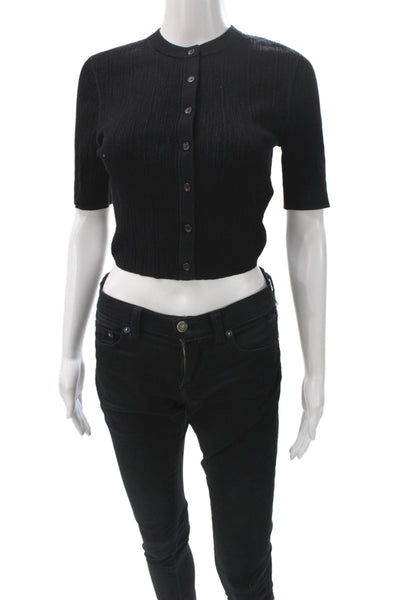 ALC Womens Ribbed Knit Cardigan Short Sleeve Black Crew Neck Size S