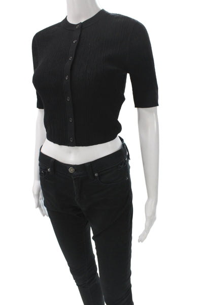 ALC Womens Ribbed Knit Cardigan Short Sleeve Black Crew Neck Size S