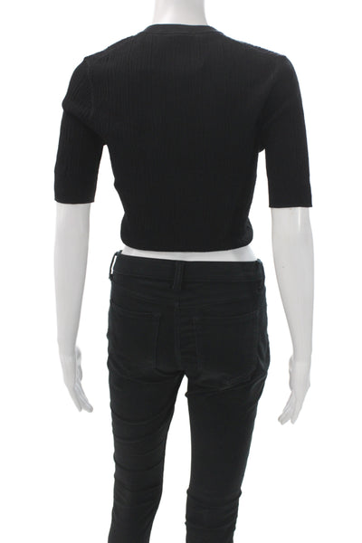 ALC Womens Ribbed Knit Cardigan Short Sleeve Black Crew Neck Size S