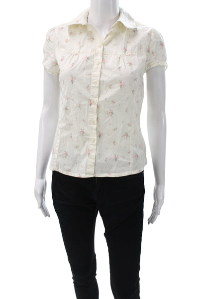 Brandy Melville Women Ivory Floral Button Short Sleeve Blouse Size One Size