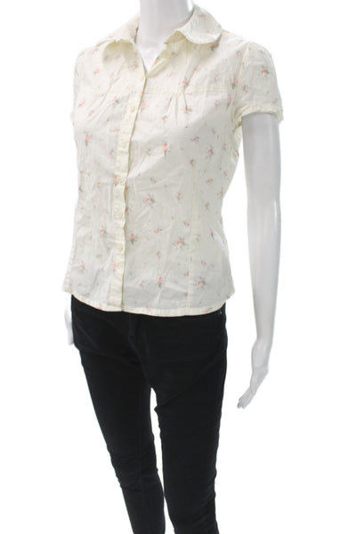 Brandy Melville Women Ivory Floral Button Short Sleeve Blouse Size One Size